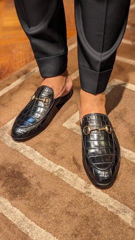 Ascot Slippers by Ducal - Piano Black Crocodile