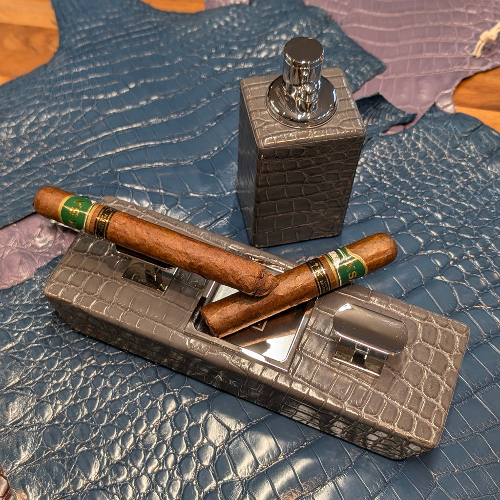 Crocodile Cigar Ashtray & Lighter Set - Grey Crocodile - Ascot Shoes