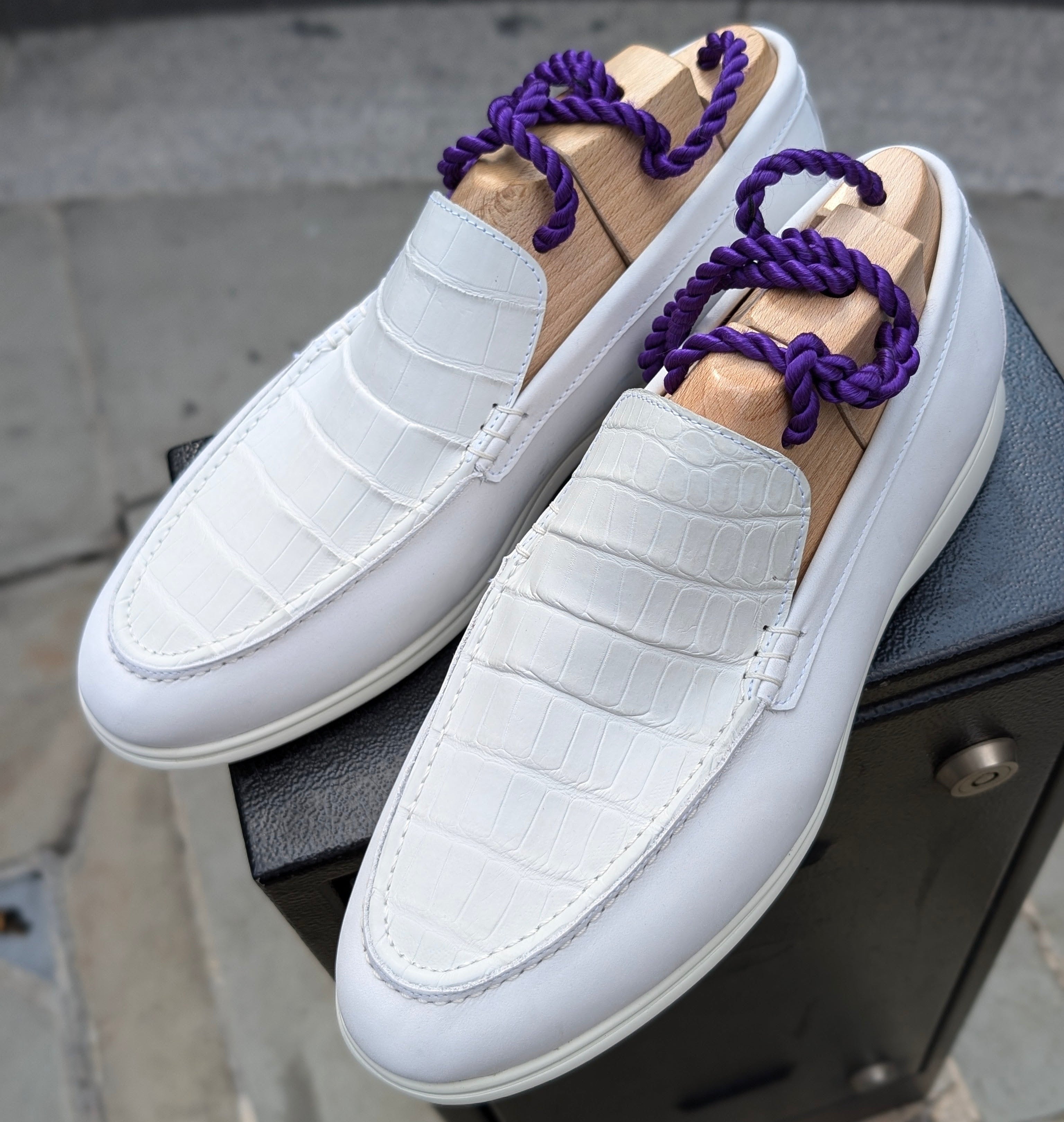 Ascot Cannes - White Crocodile & Nubuck Suede - Ascot Shoes