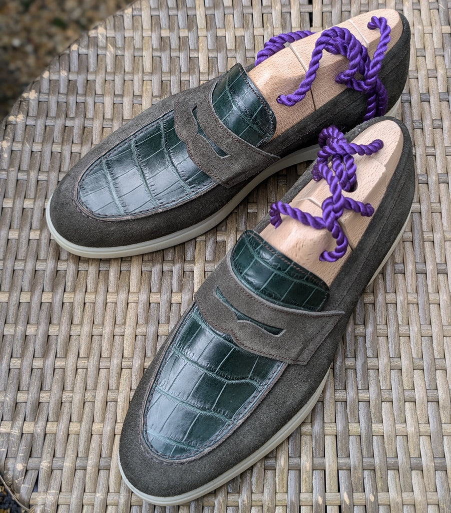 Ascot Sunseeker - Green Crocodile & Olive Green Suede - Ascot Shoes