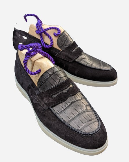 Ascot Sunseeker - Black Crocodile & Black Suede - Ascot Shoes