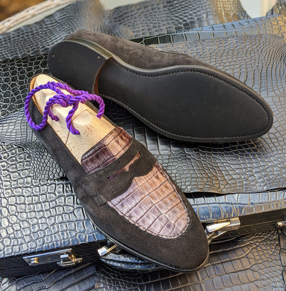 Ascot Sinatra Black Suede Silver Caiman Crocodile Ascot Shoes