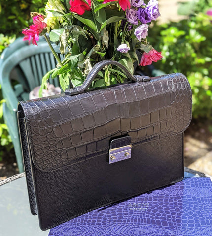 Briefcase - Black Crocodile & Black Togo Leather