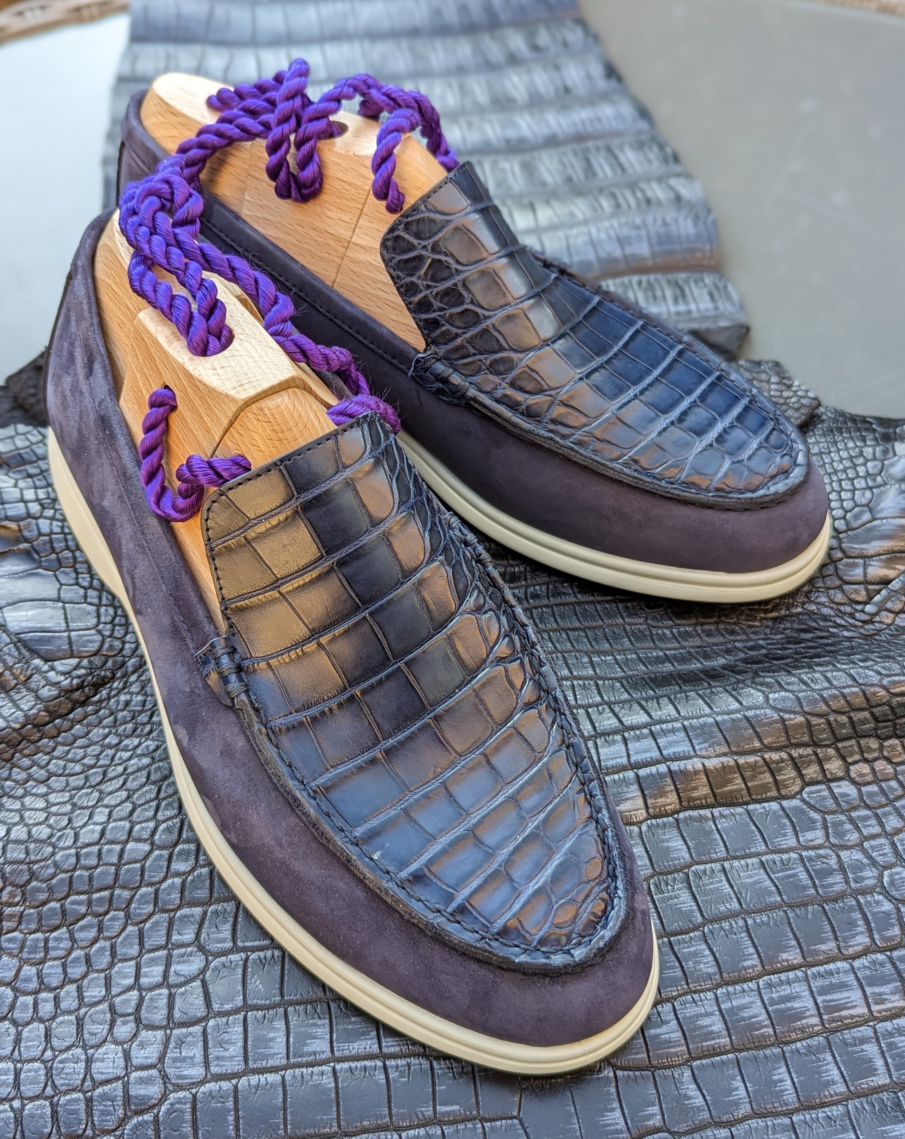 Ascot Cannes - Navy Blue Crocodile & Suede - Ascot Shoes