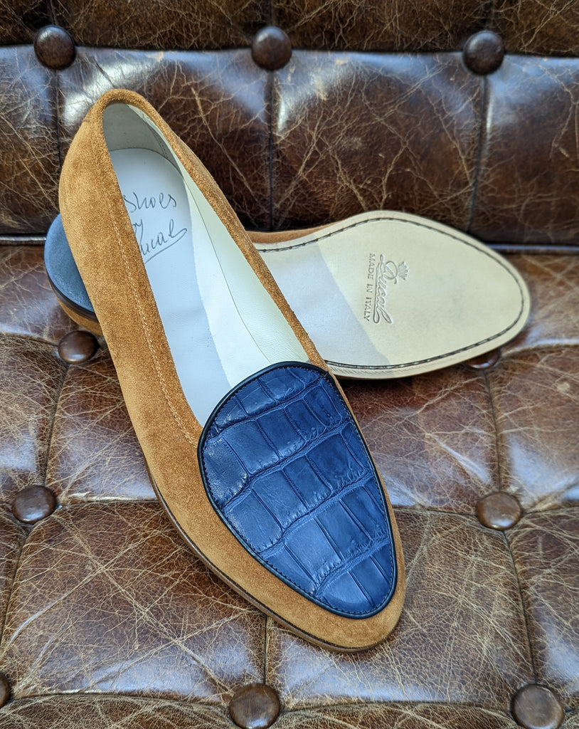 Belgian Loafer - Blue Alligator & Tan Suede, UK 6 - Ascot Shoes