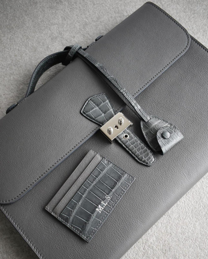 Briefcase - Grey Togo Leather & Alligator - Ascot Shoes