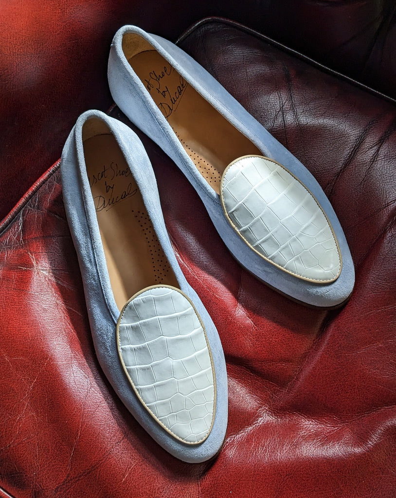 Belgian Loafer - Light Blue Suede & White Crocodile - Ascot Shoes