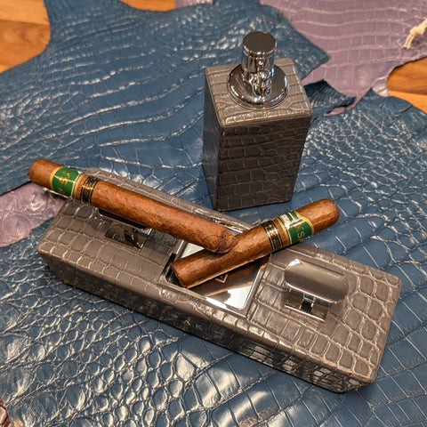 Crocodile Cigar Ashtray & Lighter Set - Grey Crocodile