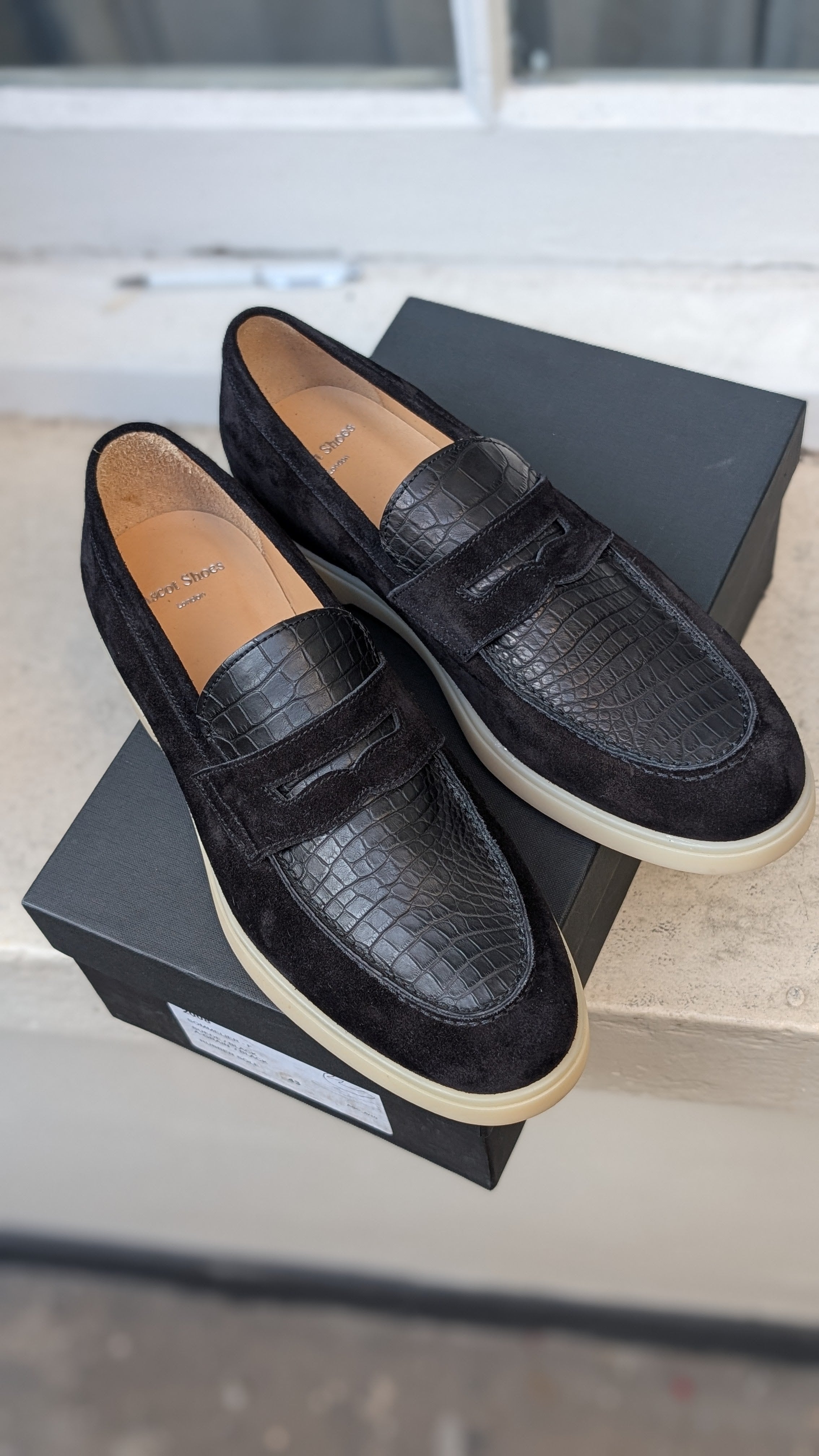 Ascot Sunseeker -Black Crocodile & Suede, UK 9 - Ascot Shoes