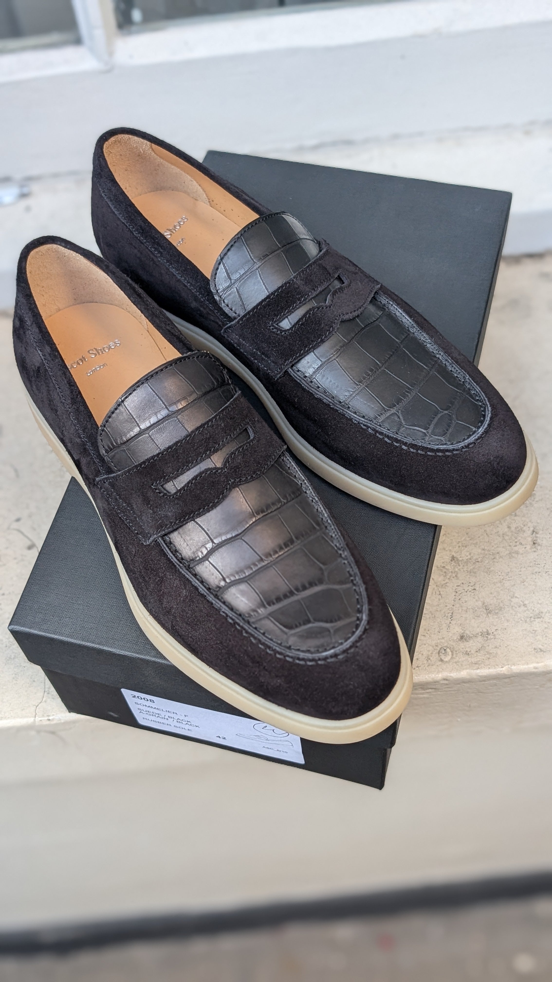 Ascot Sunseeker -Black Crocodile & Suede, UK 8 - Ascot Shoes