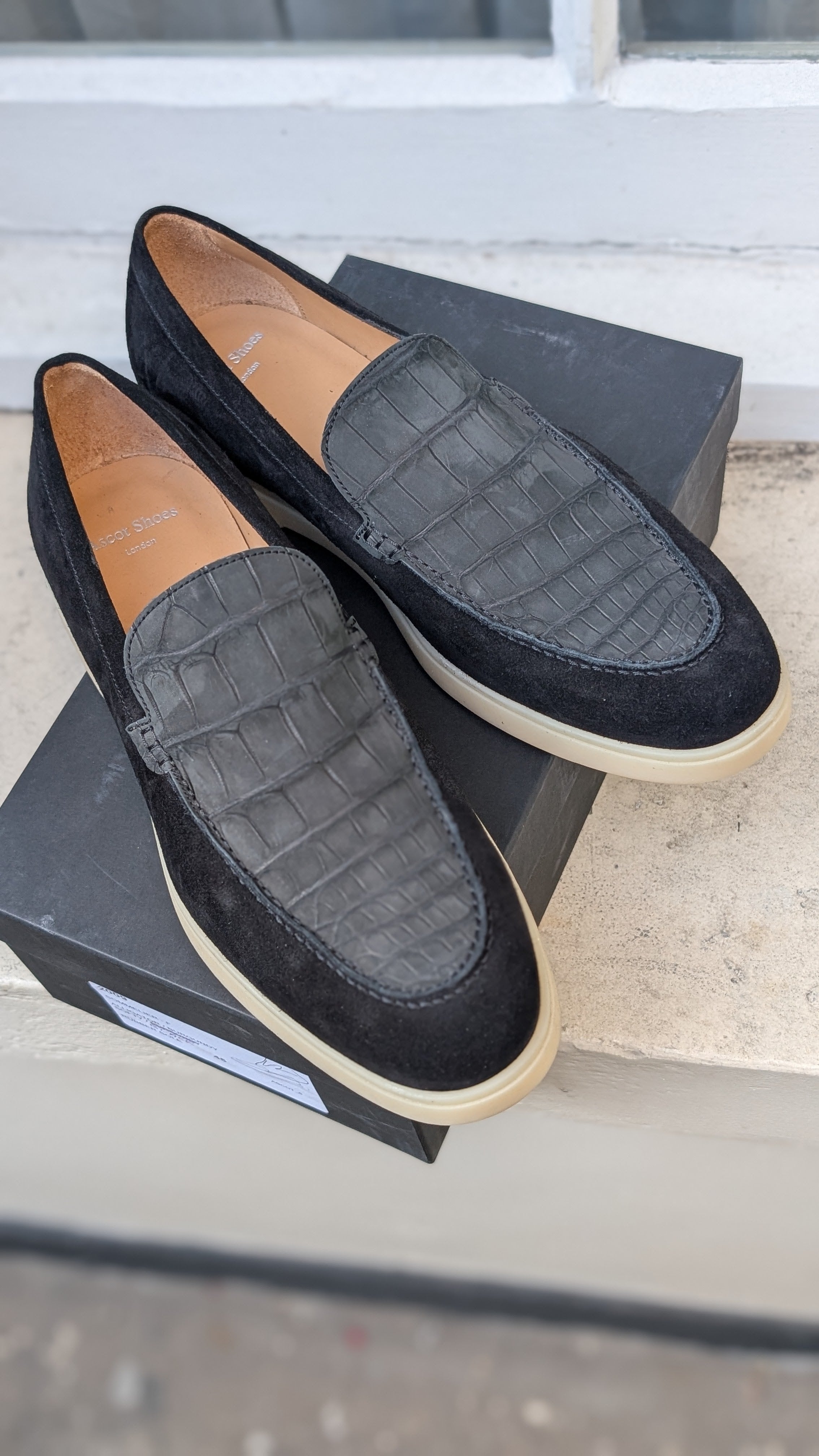Ascot Sunseeker - Black Nubuck Crocodile & Suede, UK 10 - Ascot Shoes