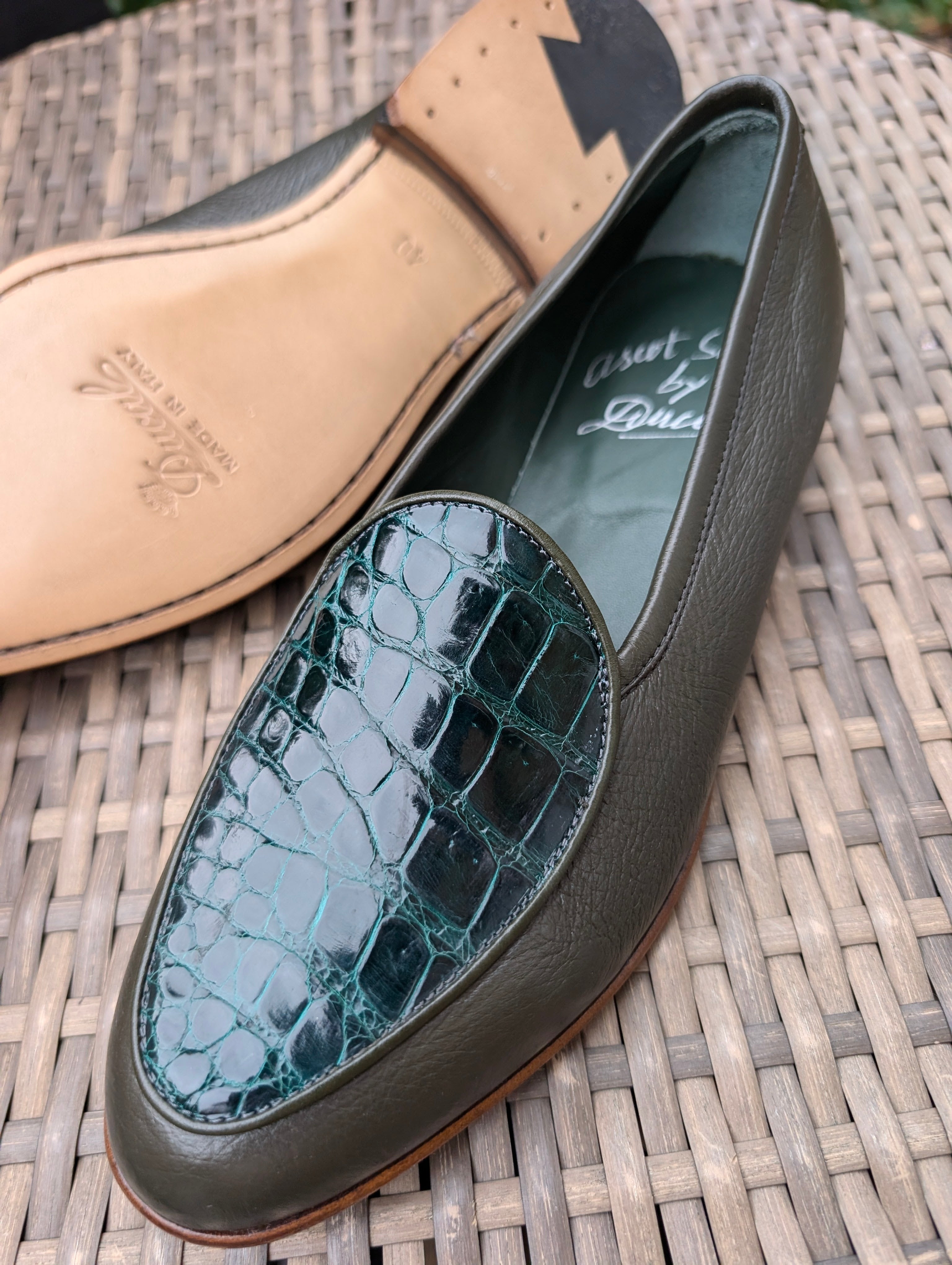 Ascot Belgian Loafer -Green Crocodile & Olive Deer, UK 6 - Ascot Shoes
