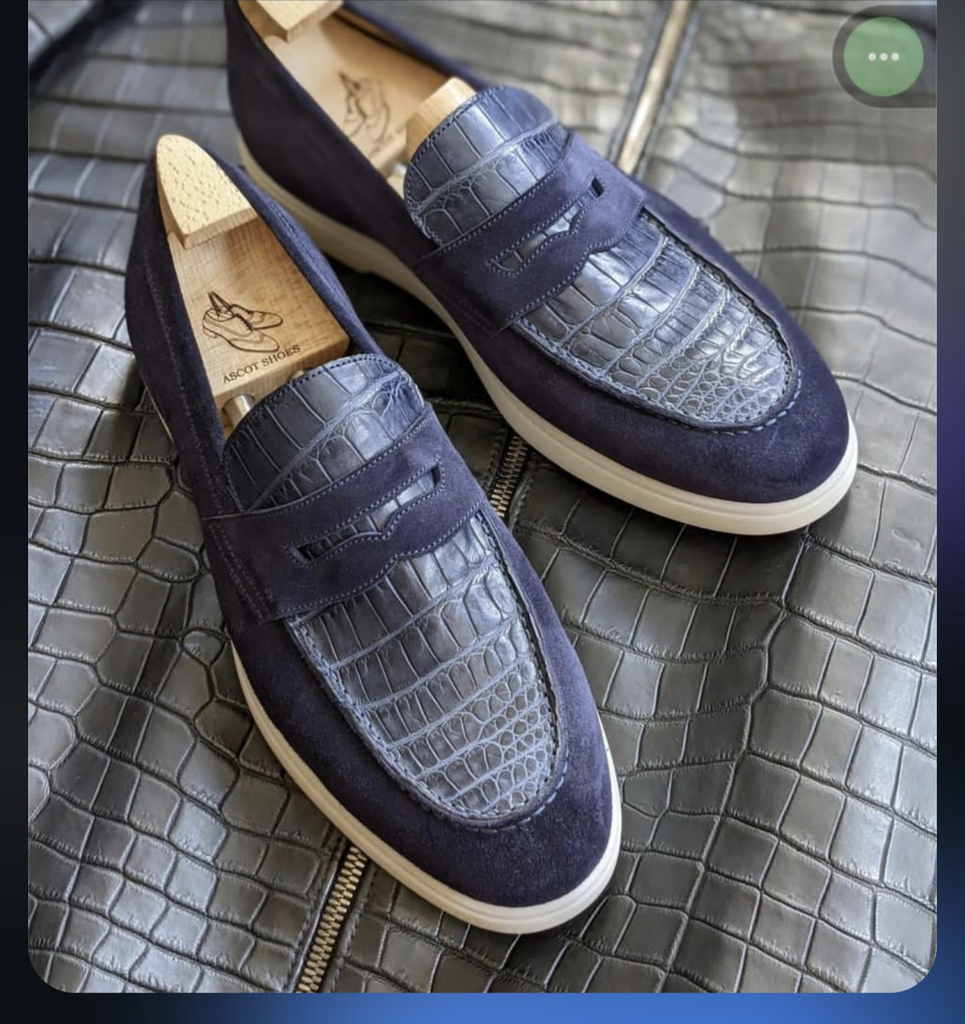 Sam Invoice. EU43. Blue Croc and Suede Loafers. - Ascot Shoes