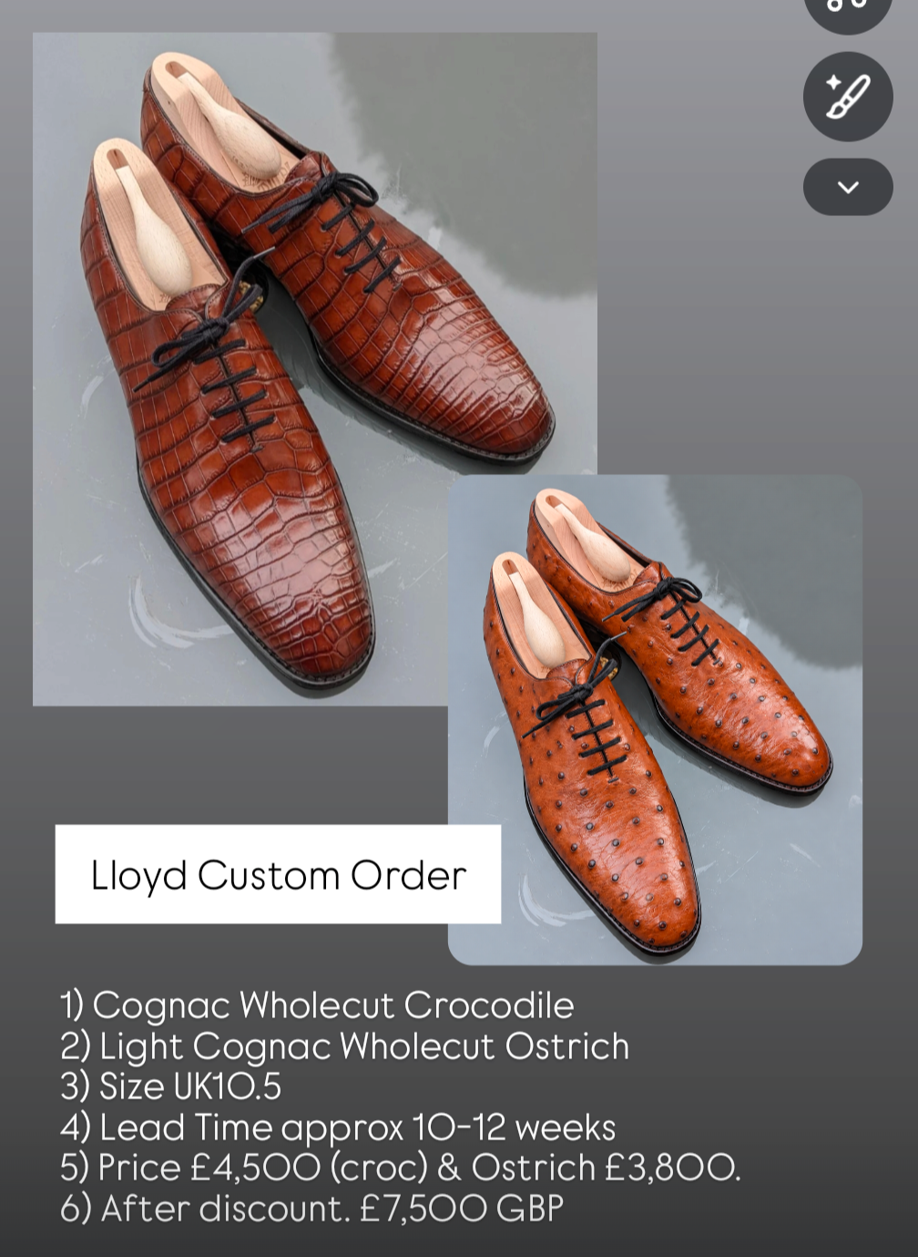 Invoice for Lloyd: Two pairs Custom Crocodile & Ostrich Shoes
