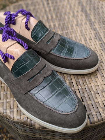 Ascot Sunseeker - Green Crocodile & Olive Green Suede