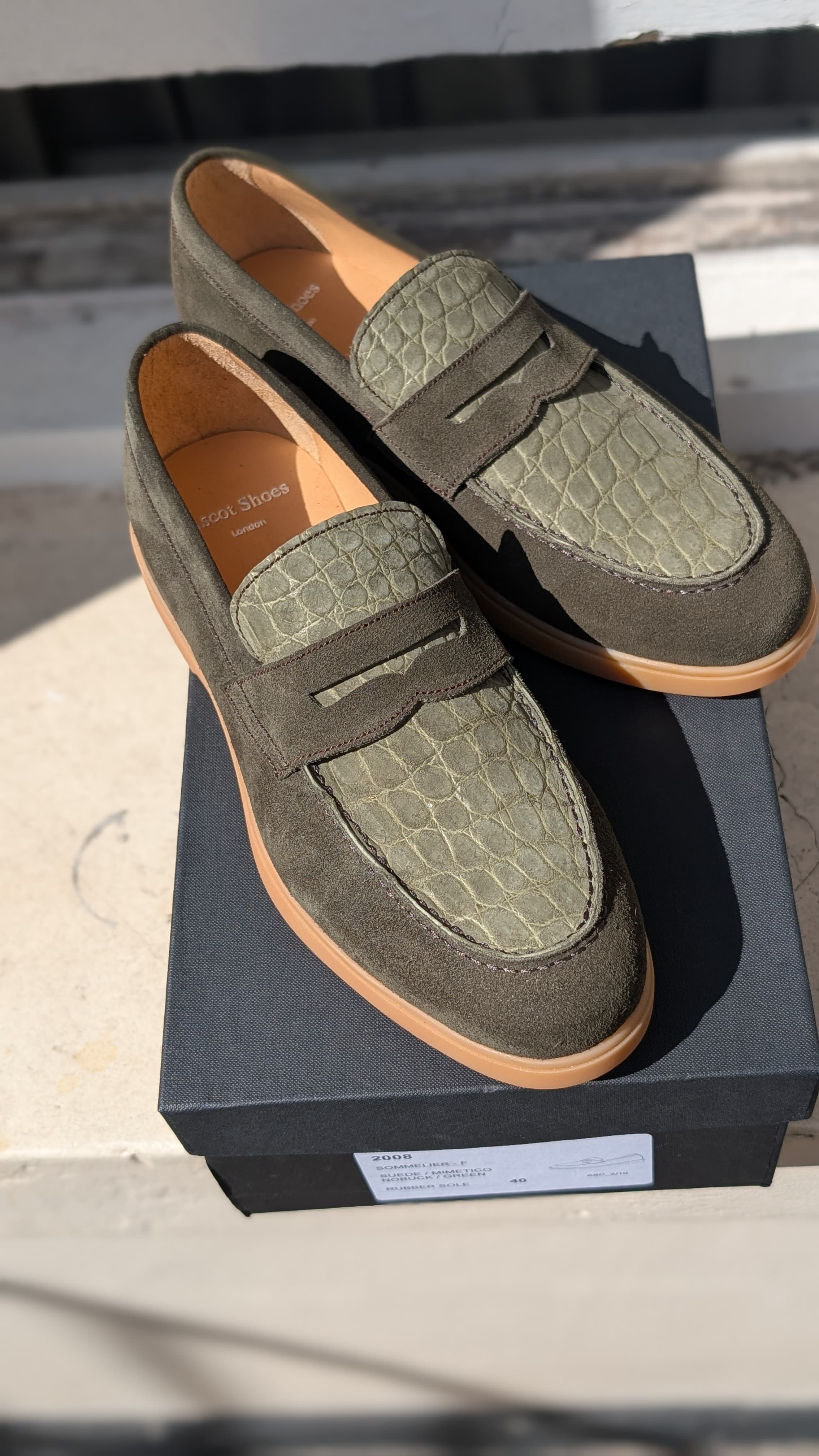 Ascot Sunseeker - Olive Green Nubuck Crocodile & Suede, UK 6 - Ascot Shoes