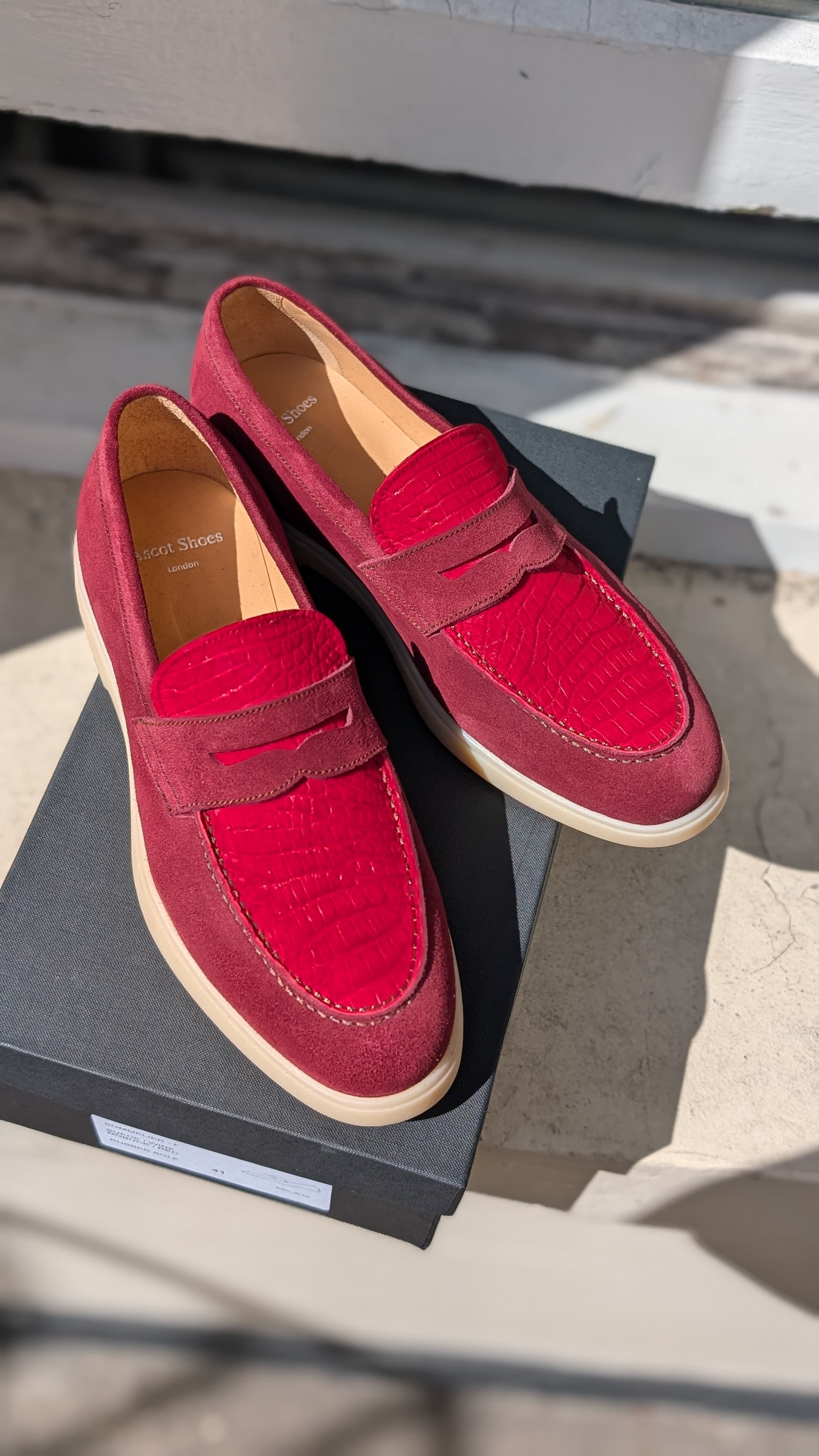 Ascot Sunseeker - Red Nubuck Crocodile & Burgundy Suede, UK 7 - Ascot Shoes