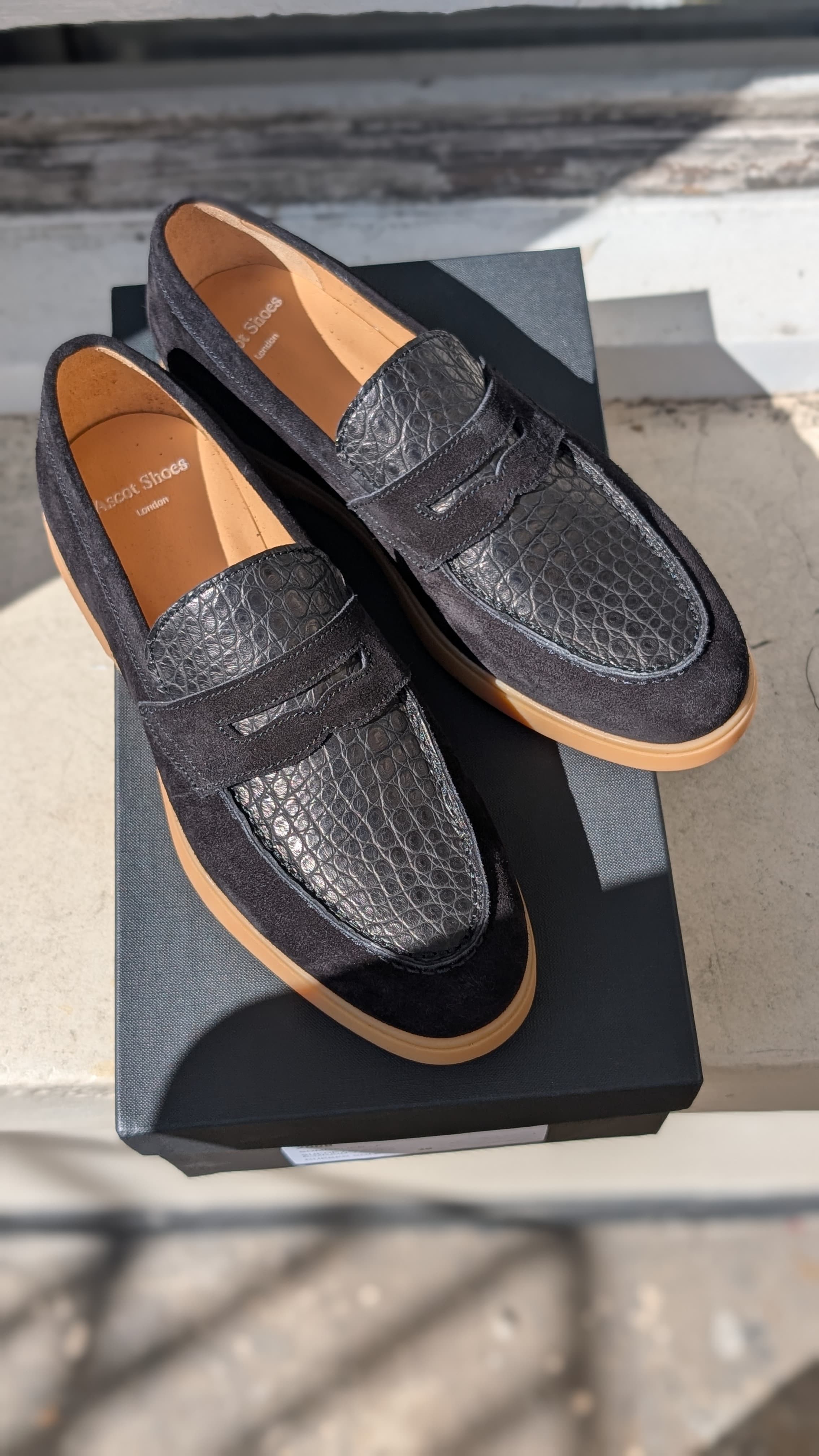 Ascot Sunseeker - Black Crocodile & Suede , UK 5 - Ascot Shoes