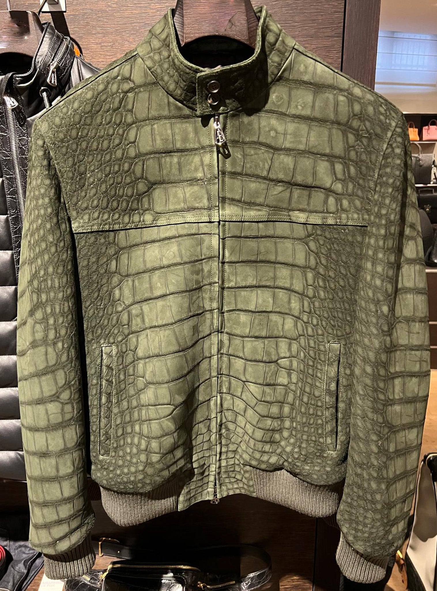 Bespoke Bomber Jacket - Olive Green Nubuck Crocodile - Ascot Shoes