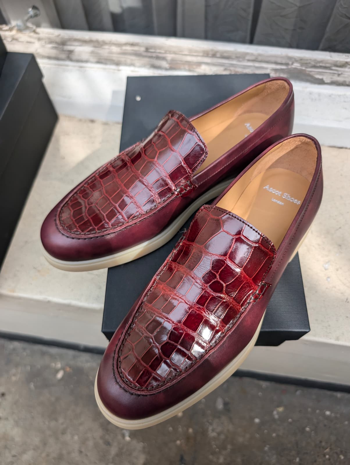 Ascot Sunseeker -Burgundy Crocodile & Museum Calf, UK 8 - Ascot Shoes