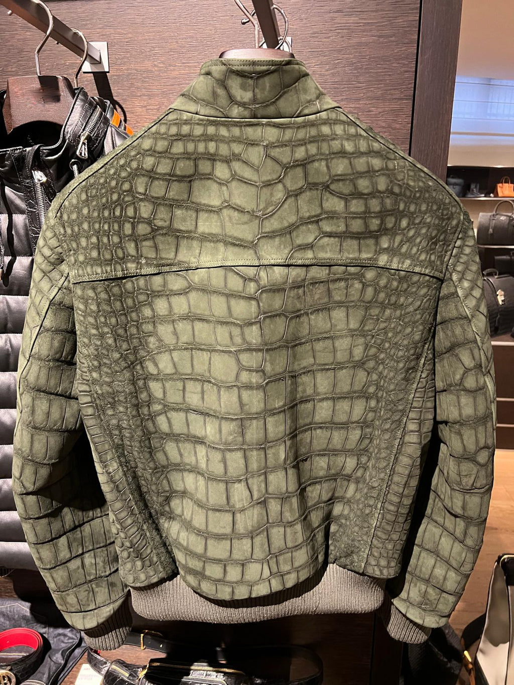 Bespoke Bomber Jacket - Olive Green Nubuck Crocodile - Ascot Shoes