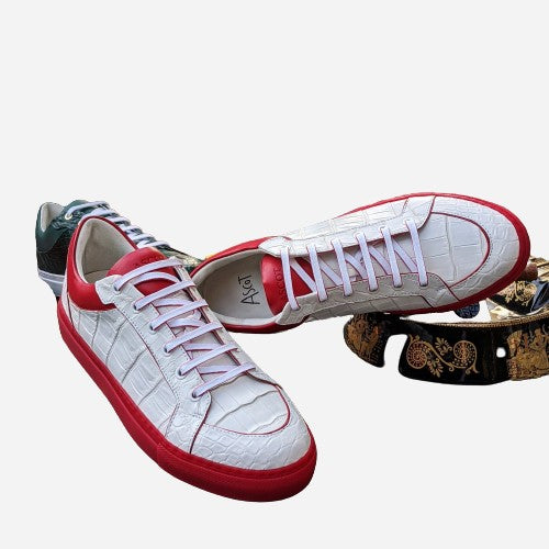 Ascot Sneakers - White Alligator With Red Sole - Ascot Shoes