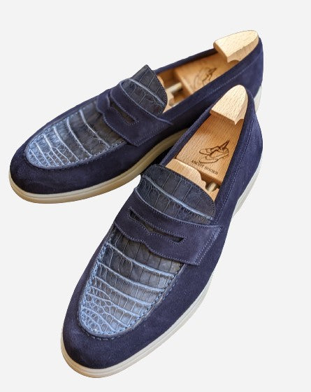 Ascot Sunseeker - Navy Blue Crocodile & Suede - Ascot Shoes