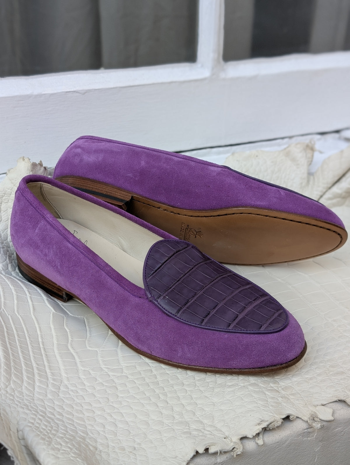 Belgian Loafer - Purple Crocodile & Suede - Ascot Shoes