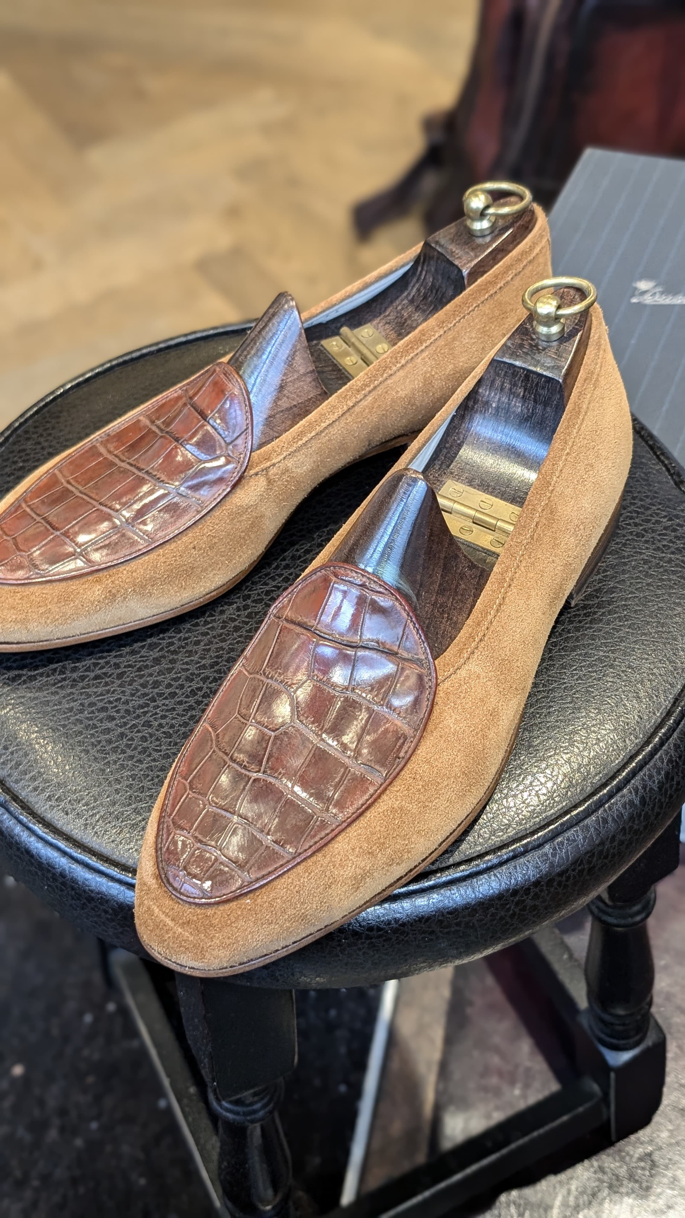Ascot Belgian Loafer - Tan Suede & Chocolate Brown Crocodile - Ascot Shoes
