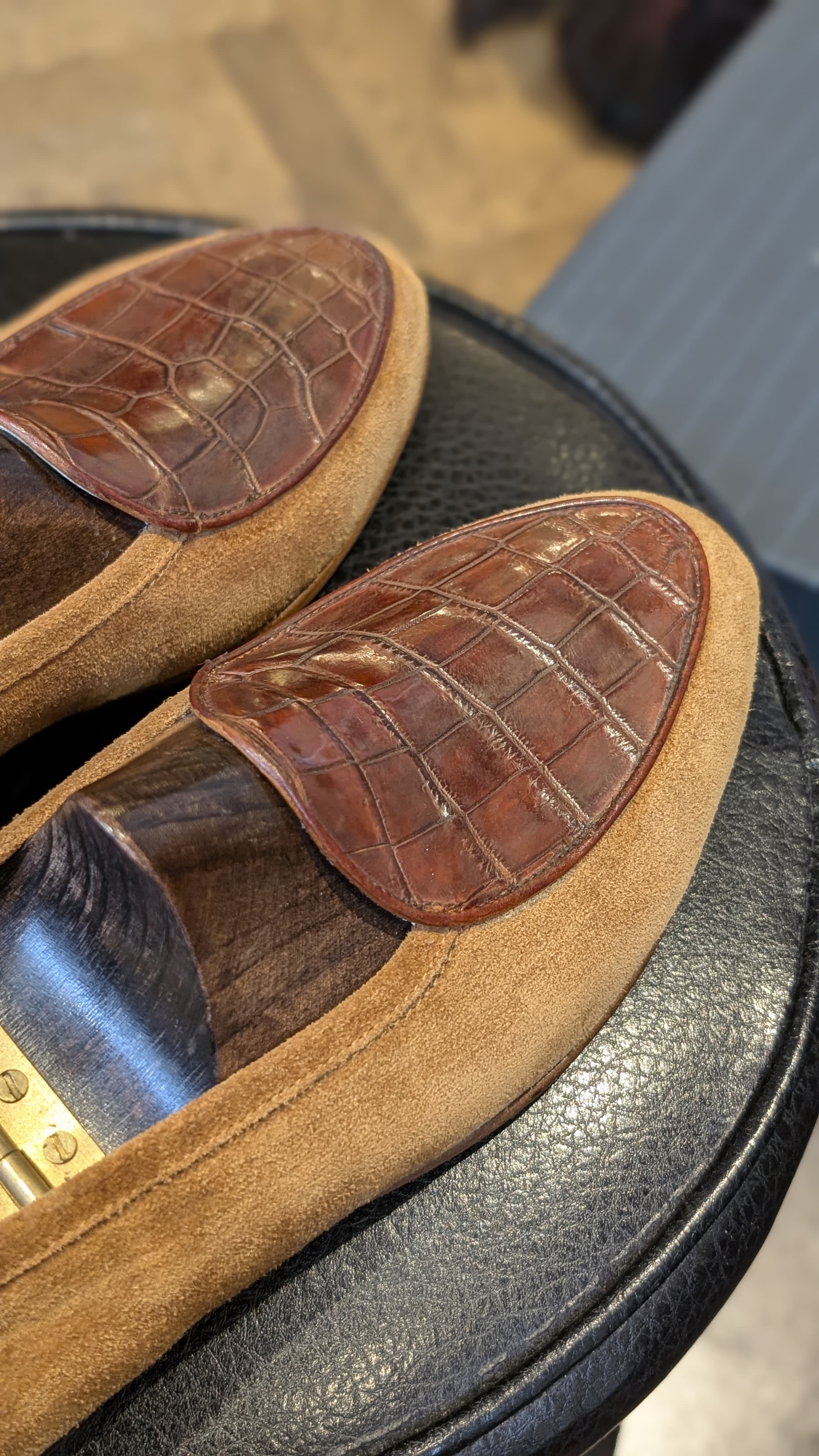 Ascot Belgian Loafer - Tan Suede & Chocolate Brown Crocodile - Ascot Shoes