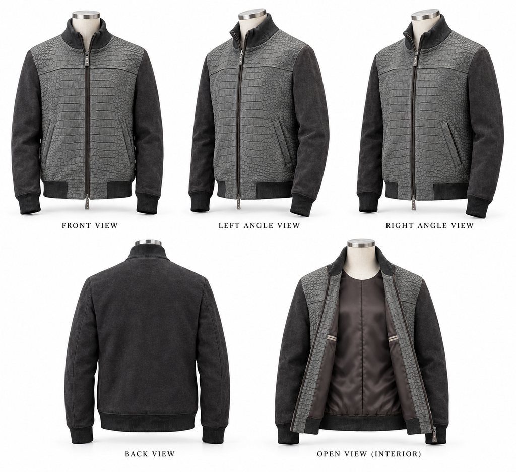 Grey Nubuck Crocodile Bomber Jacket - Ascot Shoes