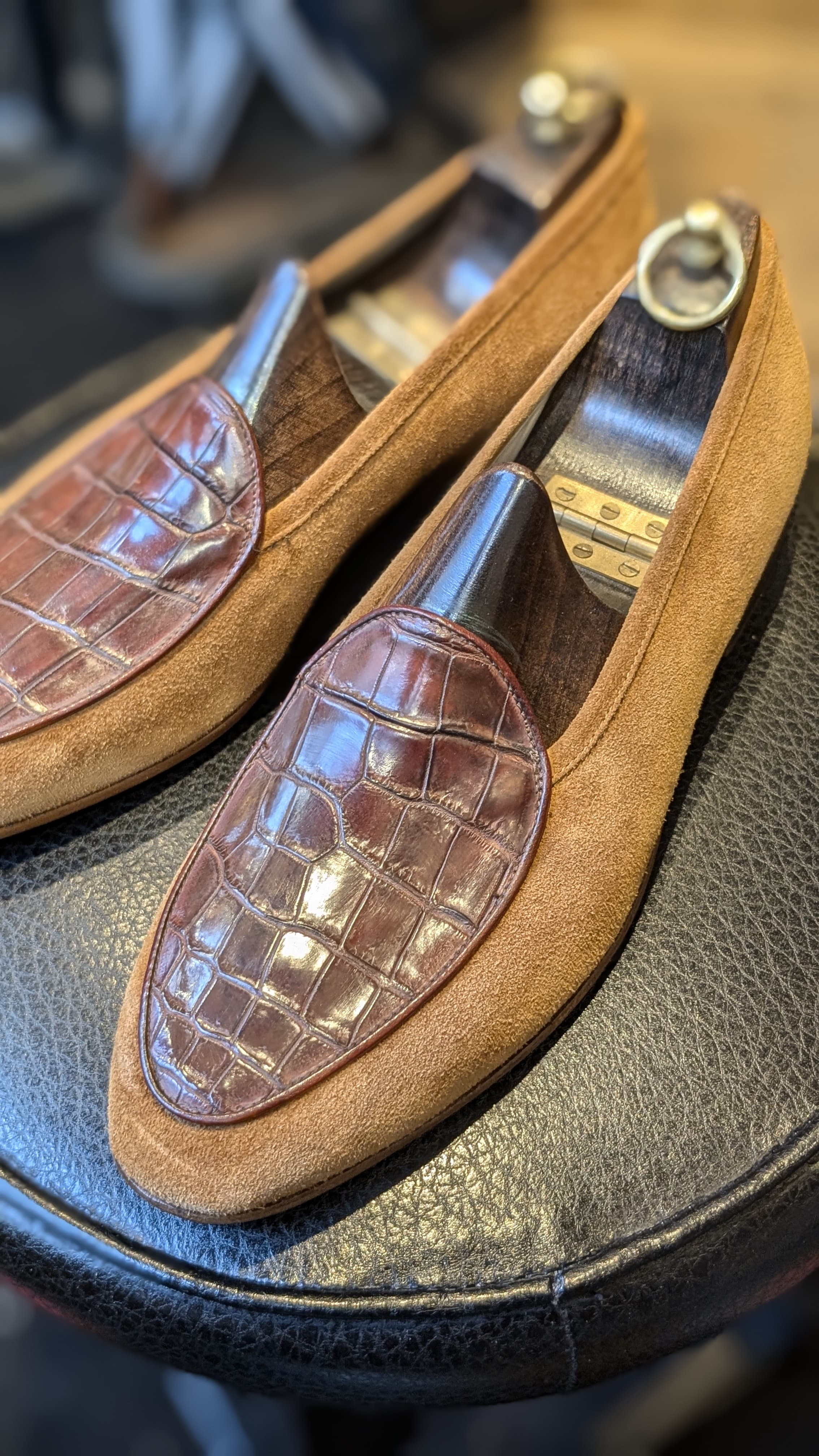 Ascot Belgian Loafer - Tan Suede & Chocolate Brown Crocodile - Ascot Shoes