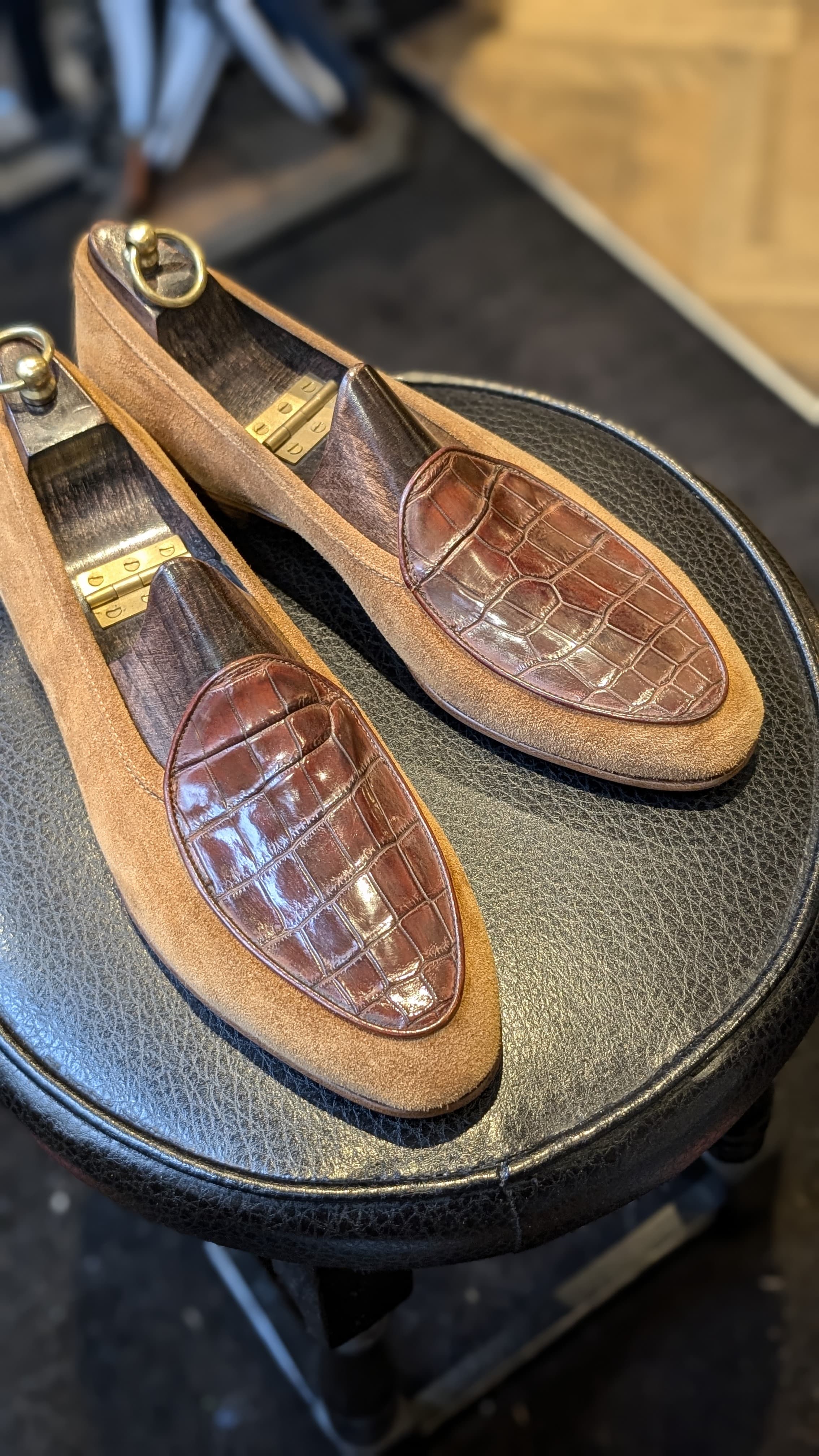 Ascot Belgian Loafer - Tan Suede & Chocolate Brown Crocodile - Ascot Shoes