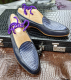 Belgian Loafer - Blue Deer Skin & Crocodile - Ascot Shoes