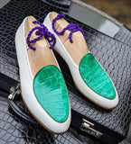 Belgian Loafer - White Deer & Bright Green Crocodile - Ascot Shoes