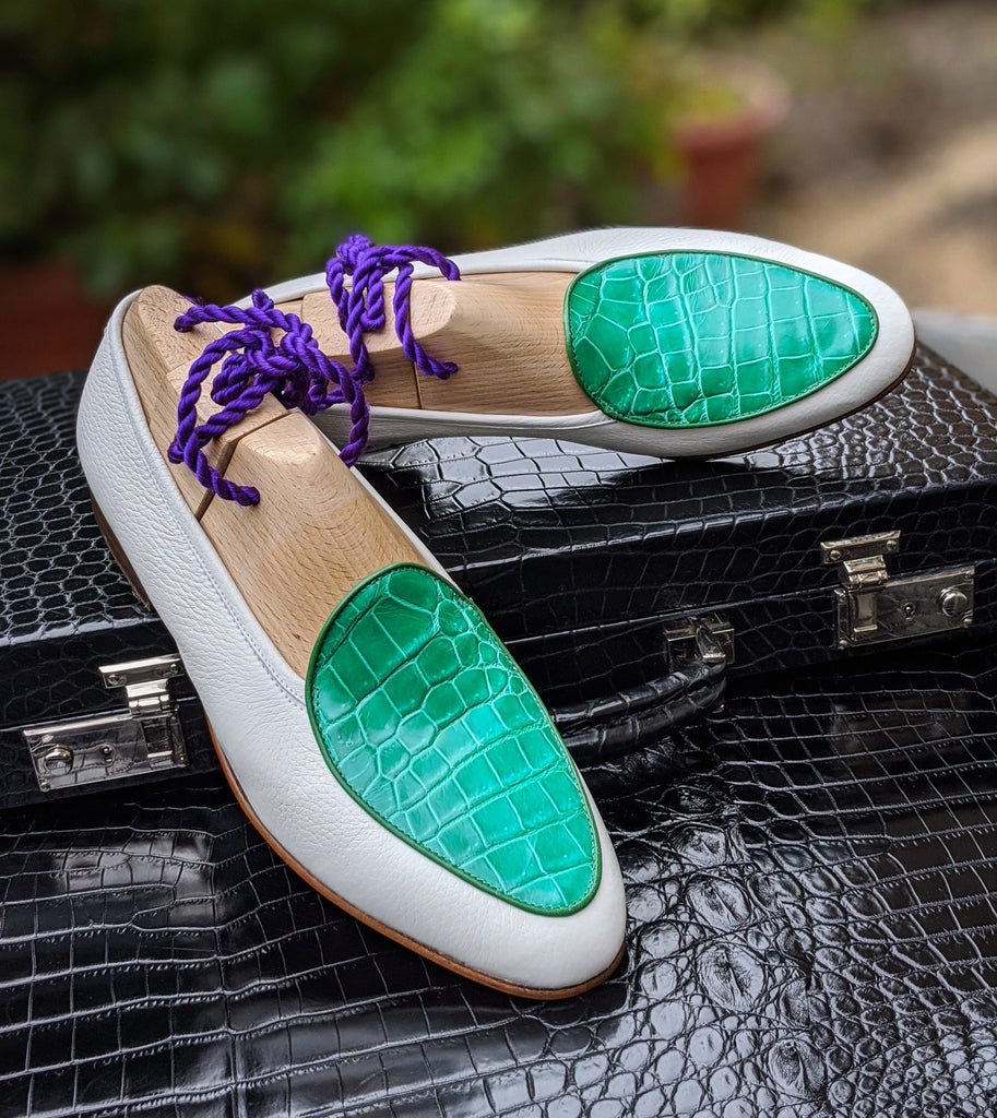 Belgian Loafer - White Deer & Bright Green Crocodile - Ascot Shoes
