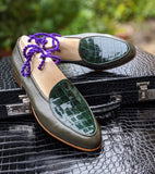 Belgian Loafer - Olive Green Deer & Green Crocodile - Ascot Shoes