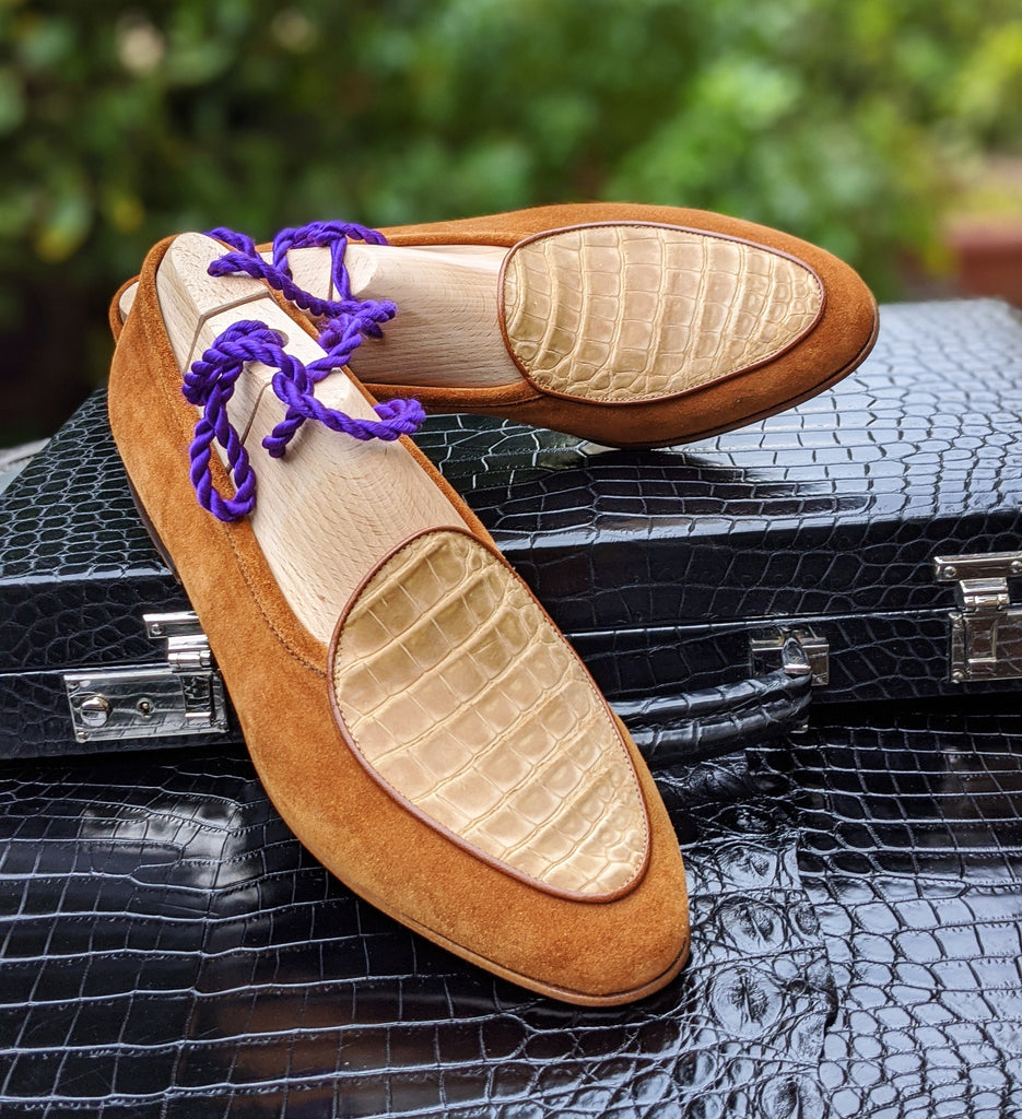 Belgian Loafer - Tan Suede & Tan Nubuck Crocodile - Ascot Shoes