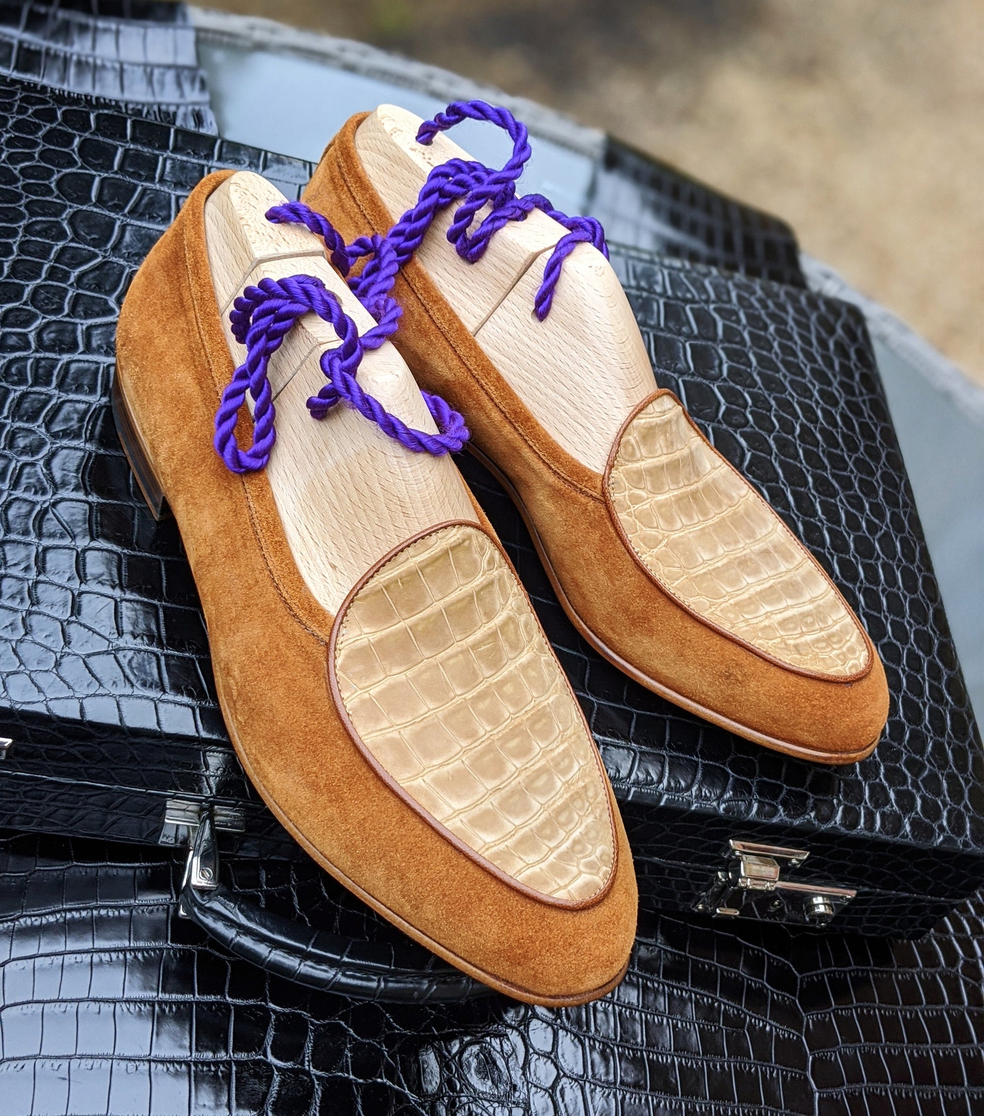 Belgian Loafer - Tan Suede & Tan Nubuck Crocodile - Ascot Shoes