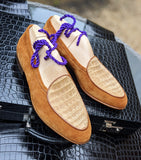 Belgian Loafer - Tan Suede & Tan Nubuck Crocodile - Ascot Shoes