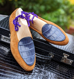Belgian Loafer - Tan Suede & Blue Crocodile - Ascot Shoes