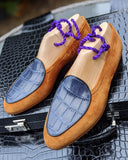 Belgian Loafer - Tan Suede & Blue Crocodile - Ascot Shoes