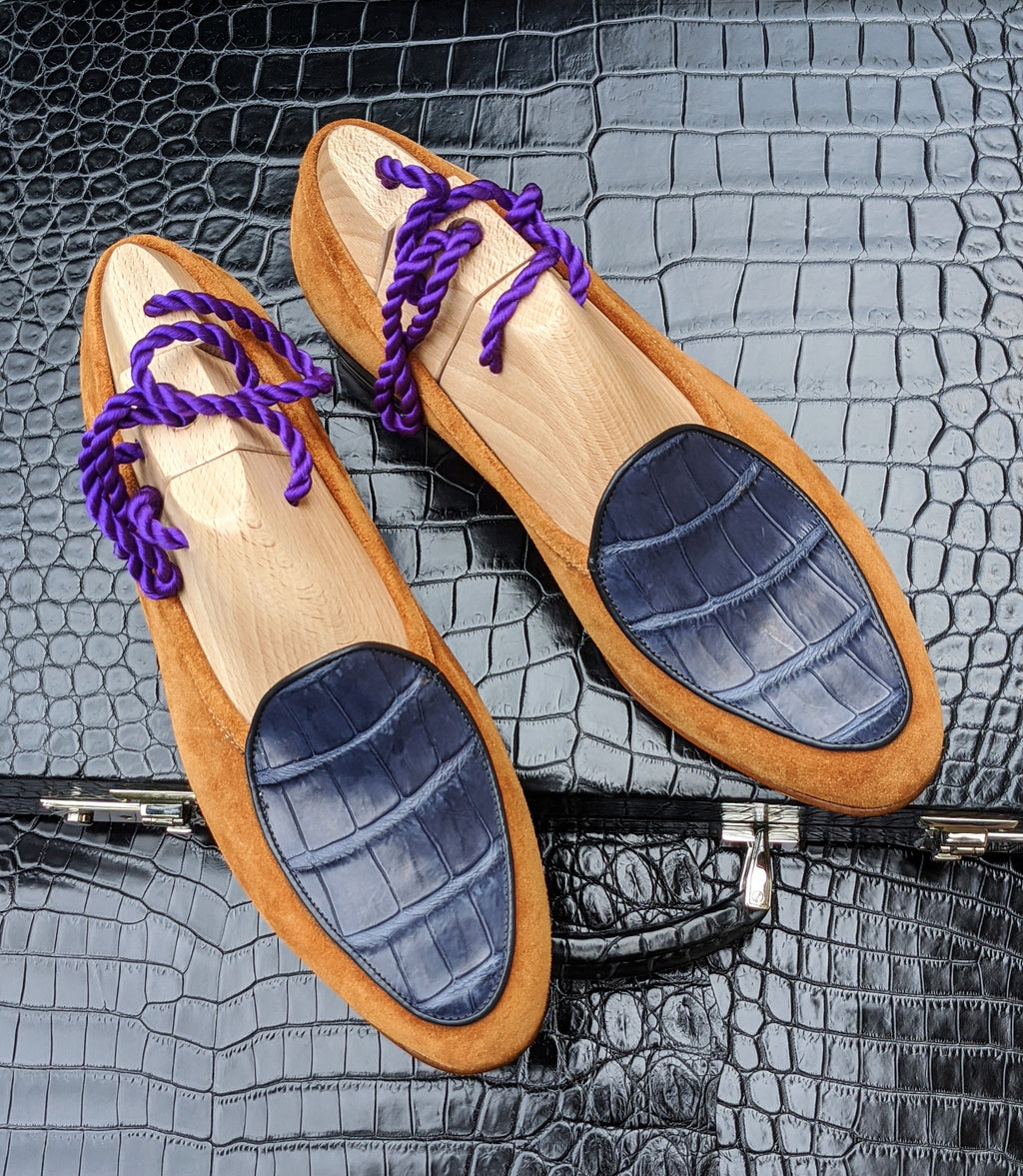 Belgian Loafer - Tan Suede & Blue Crocodile - Ascot Shoes