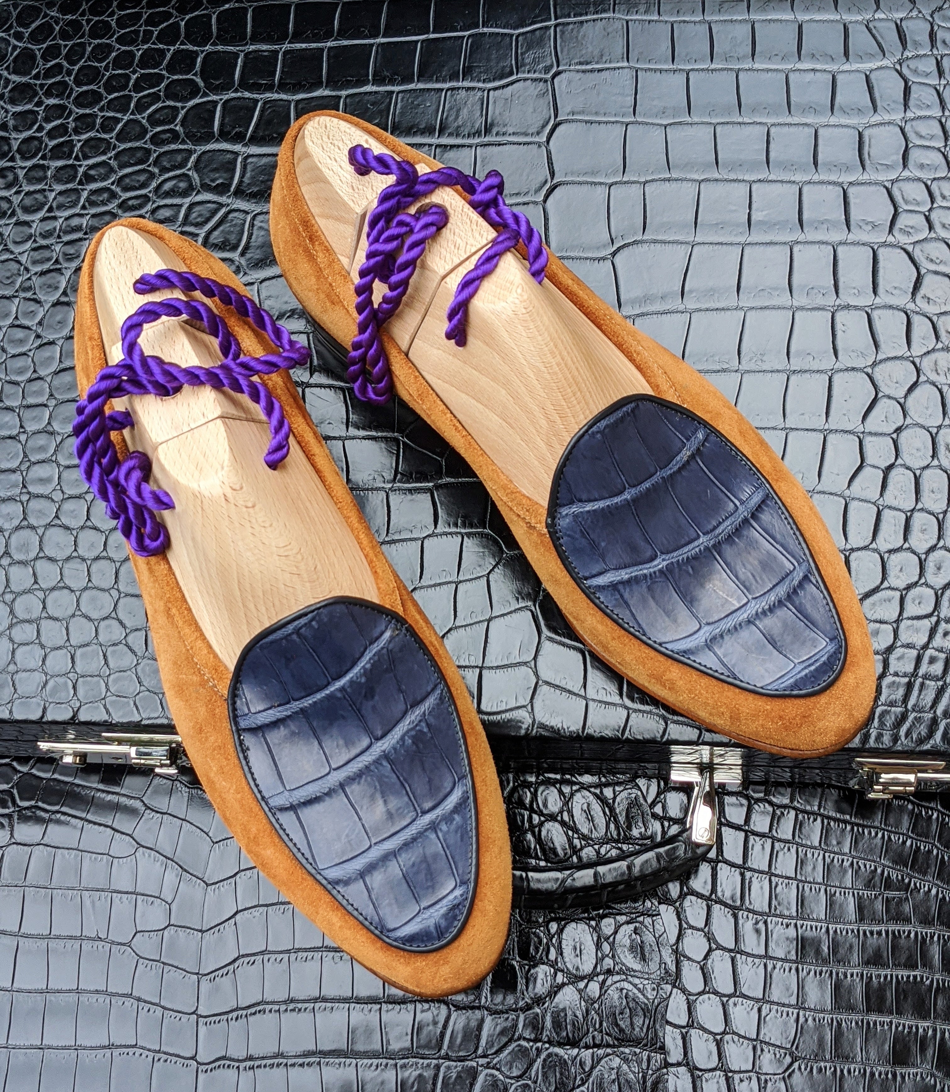 Belgian Loafer - Tan Suede & Blue Crocodile - Ascot Shoes