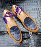 Belgian Loafer - Tan Suede & Blue Crocodile - Ascot Shoes