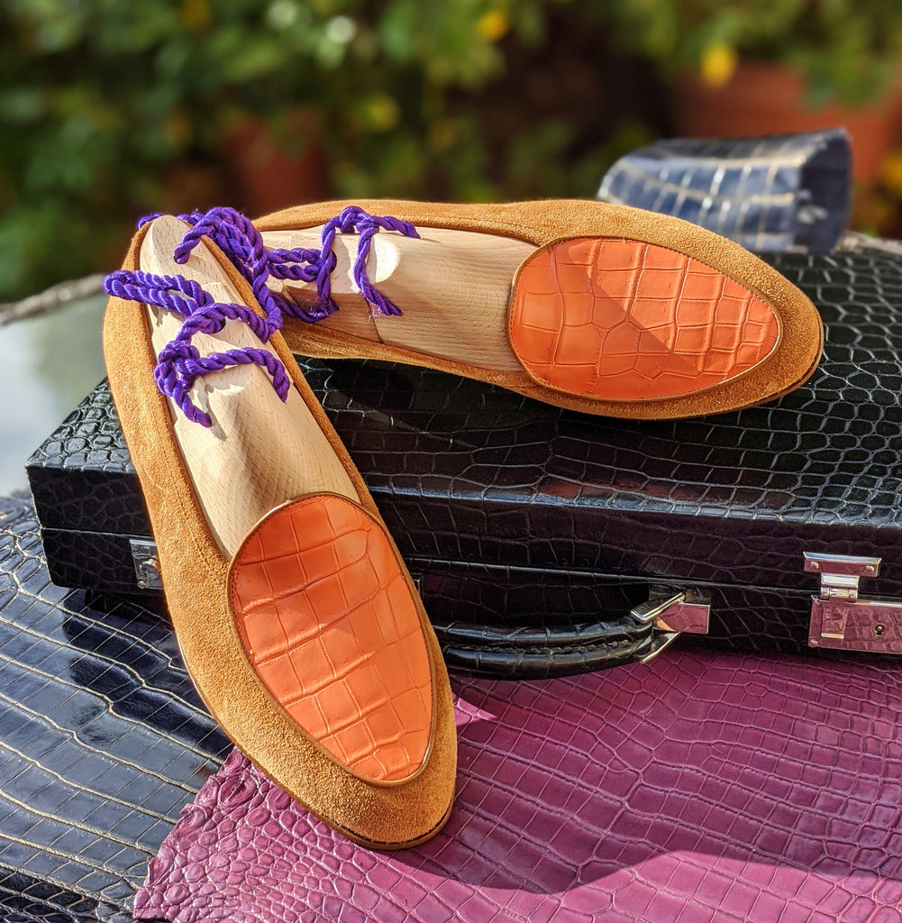 Belgian Loafer - Tan Suede & Orange Crocodile - Ascot Shoes