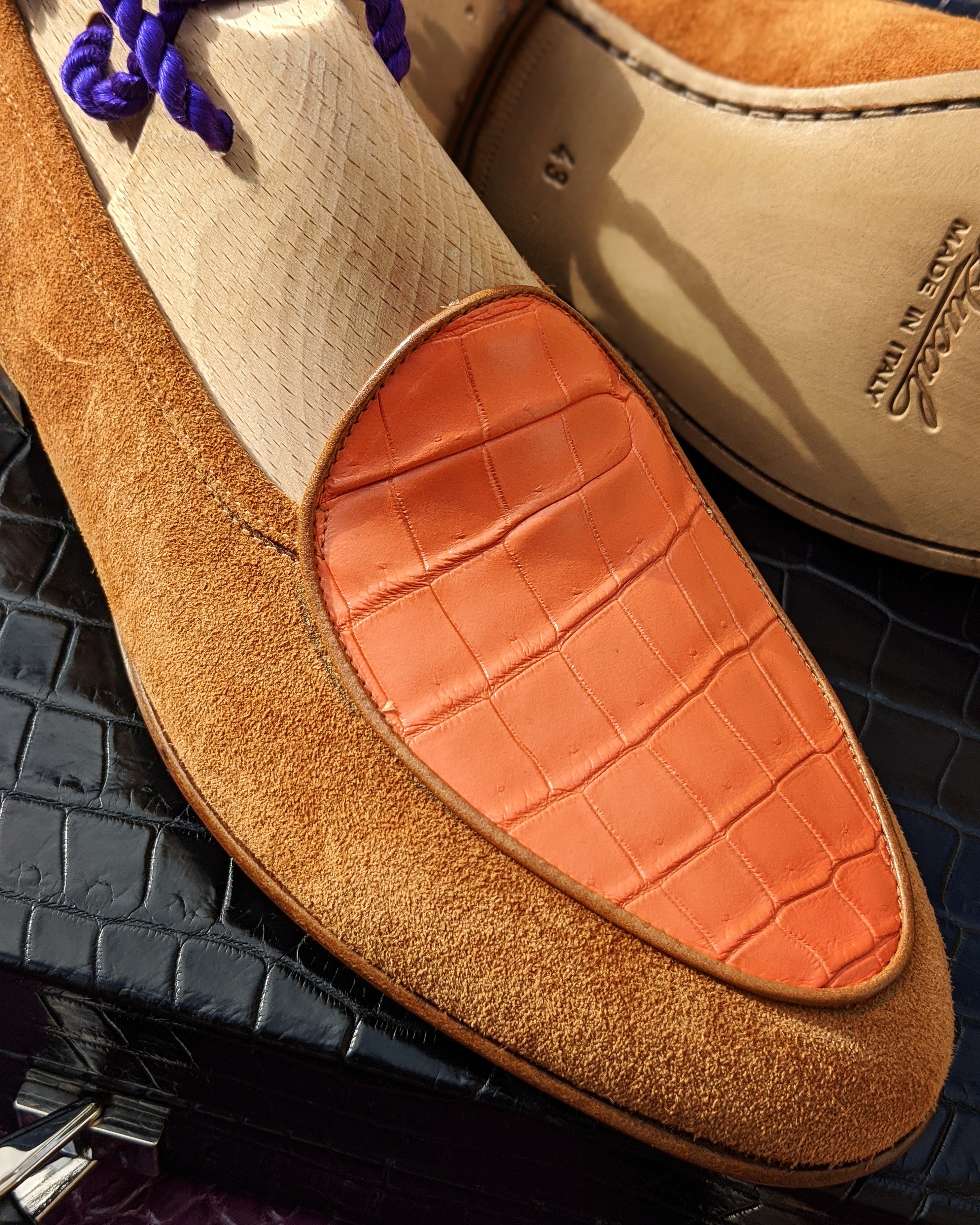 Belgian Loafer - Tan Suede & Orange Crocodile - Ascot Shoes
