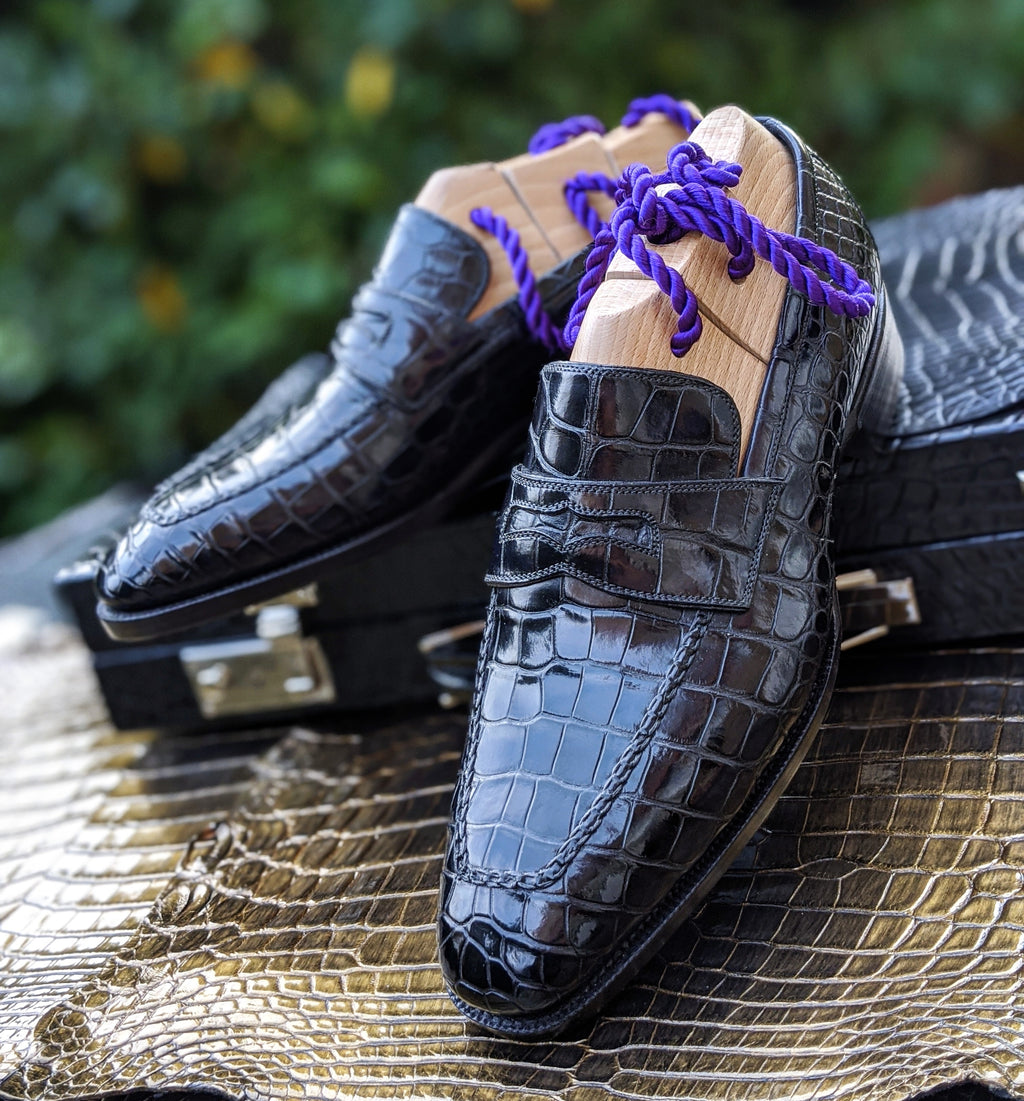 Ascot Penny Loafer - Black Piano Alligator - Ascot Shoes