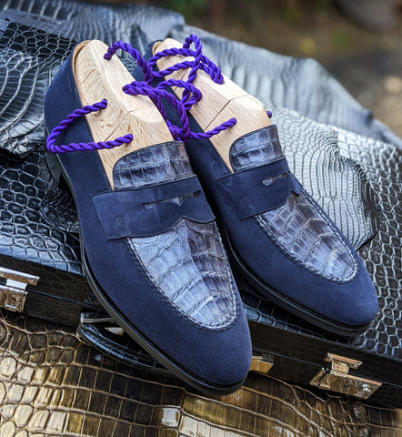 Ascot Sinatra - Navy Suede & Blue Caiman Crocodile