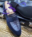 Ascot Sinatra - Navy Suede & Blue Caiman Crocodile - Ascot Shoes